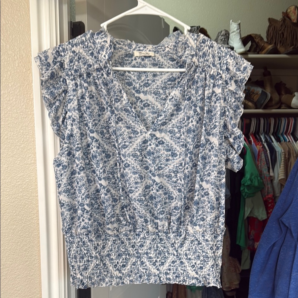 Miss Me Blue and White Patterned Blouse